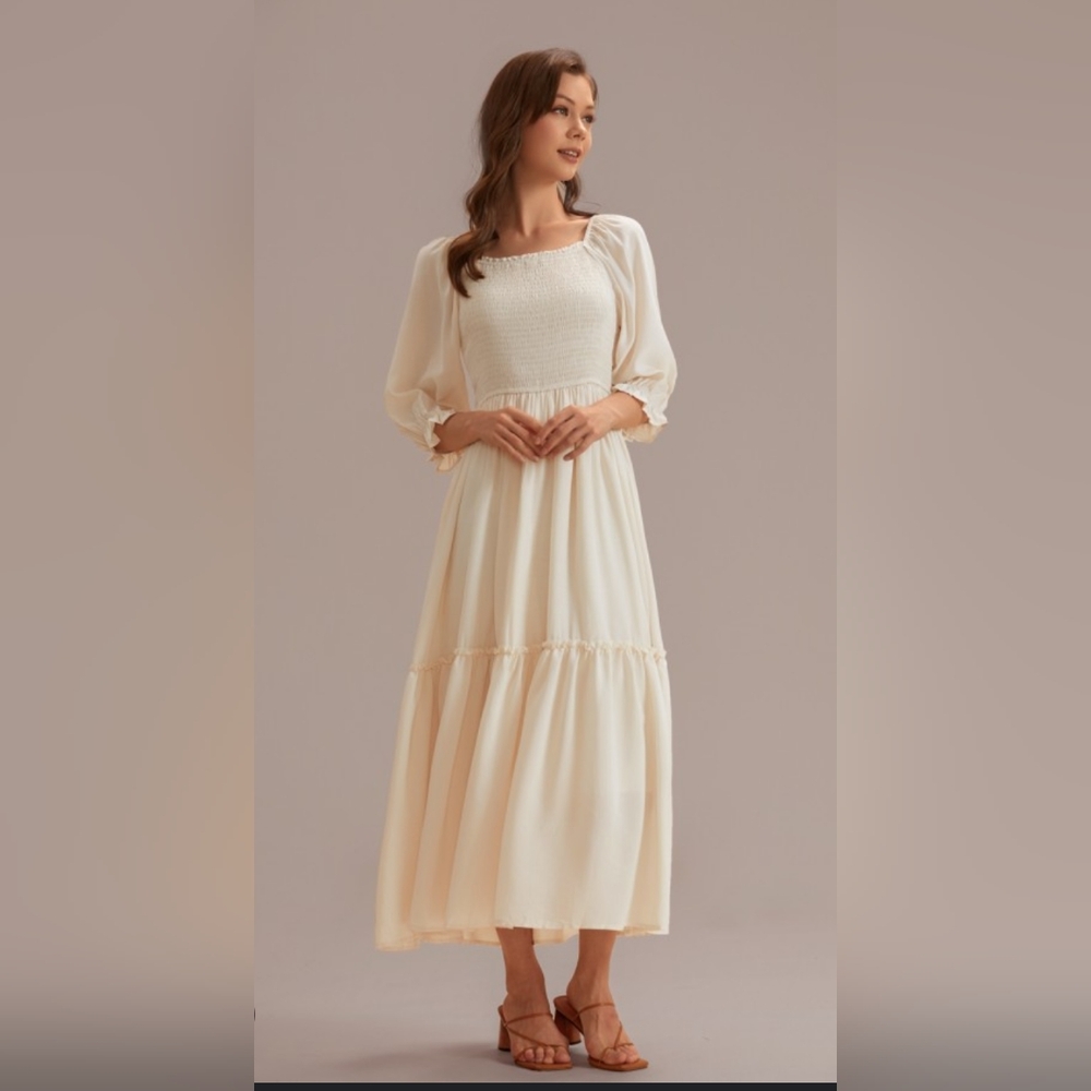 Petallush Cream Tiered Sundress with Bishop Sleeves